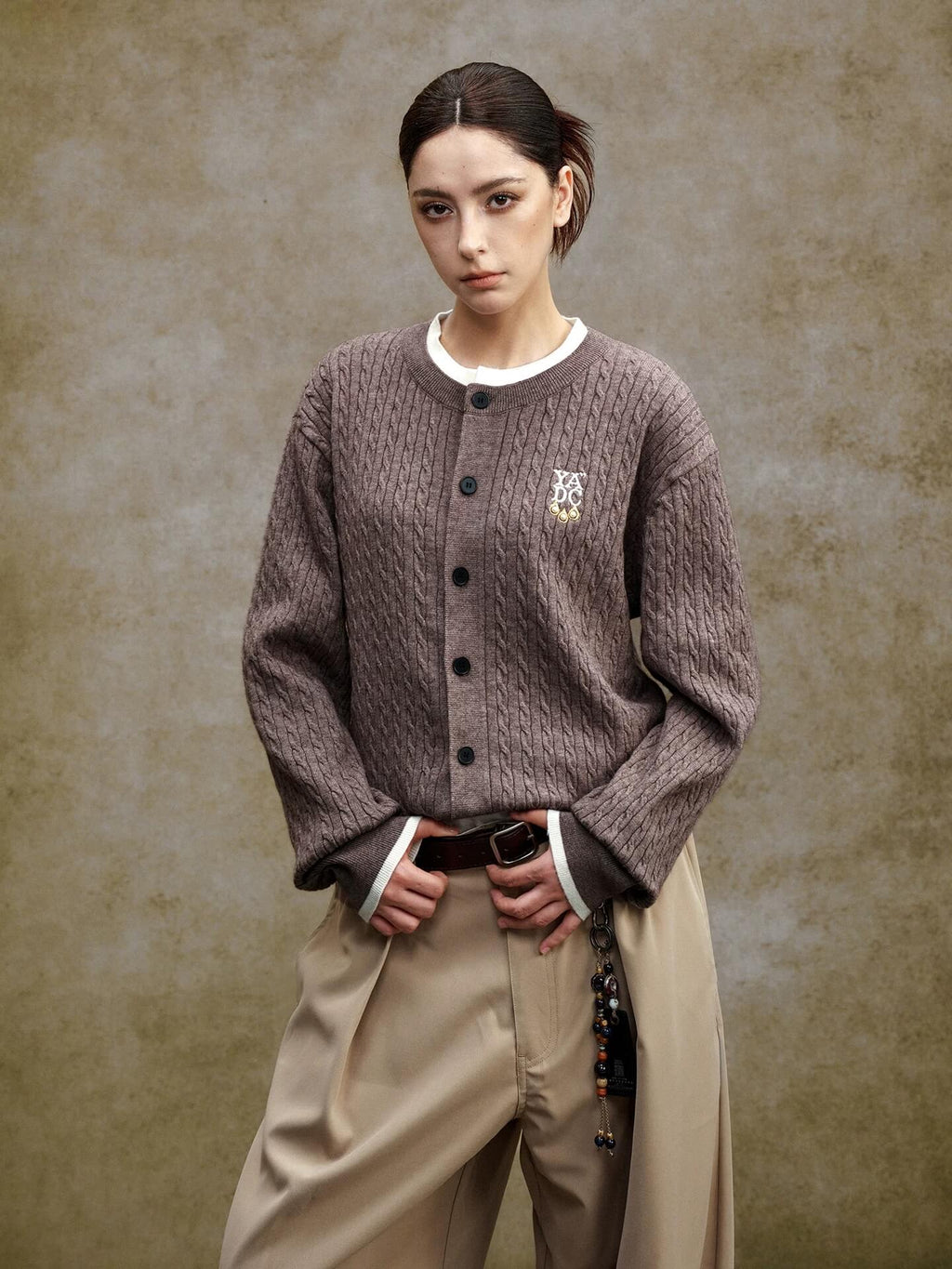 YADcrew Cable Knit Crew Neck Cardigan