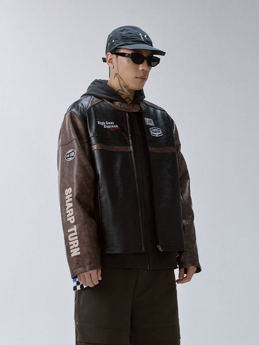 F2CE Embroidery Patch PU Leather Racing Jacket