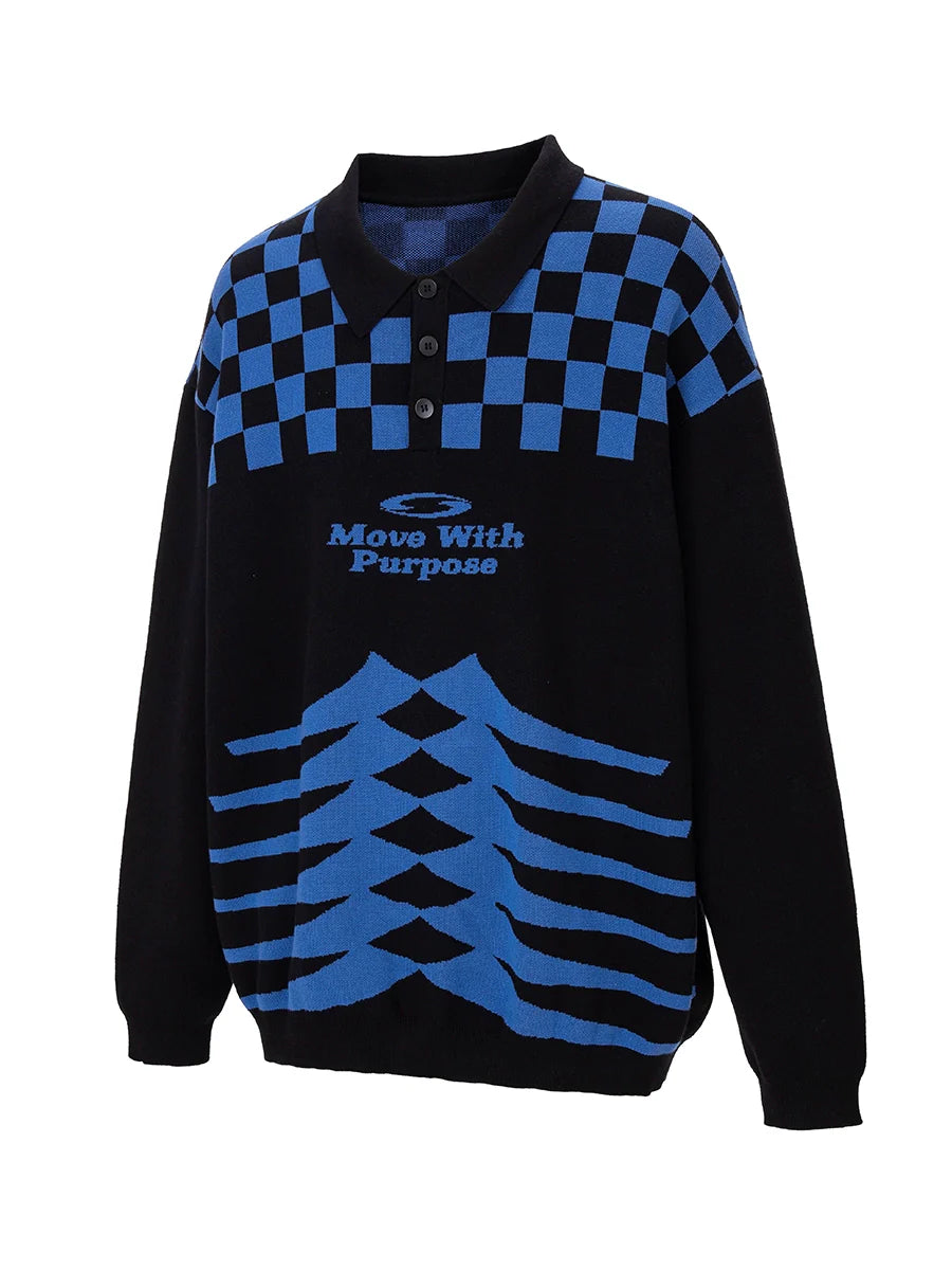 F2CE Checkerboard Pattern Polo Knit Sweater