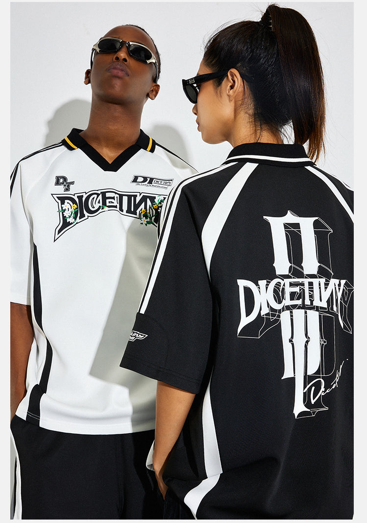 DICETINY Floral Logo Print Soccer Jersey Polo Shirt