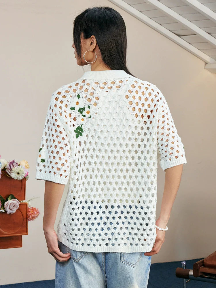 MEDM Flower Embroidery Open Knit Short Sleeve Shirt