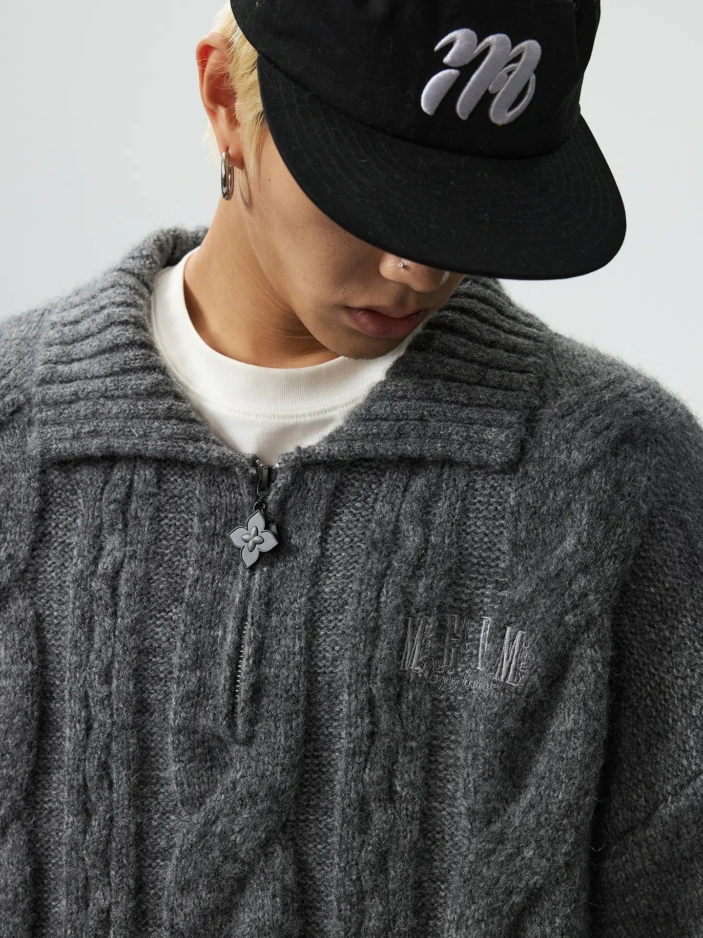 MEDM Cable Knit Half Zip Polo Sweater