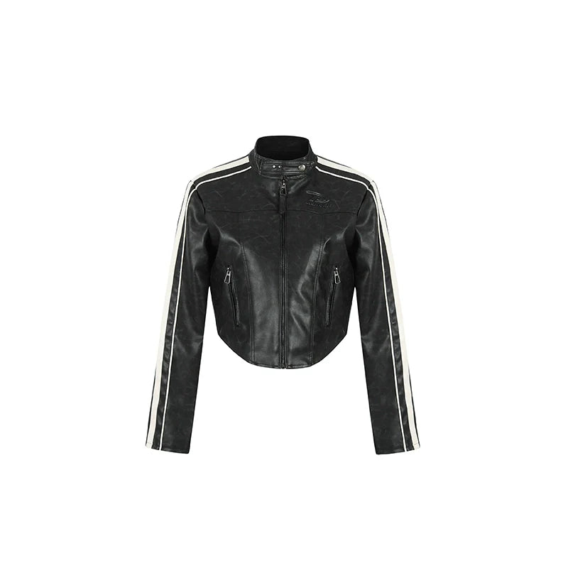 Achock Girls' Striped Leather Short Motorcycle Jacket