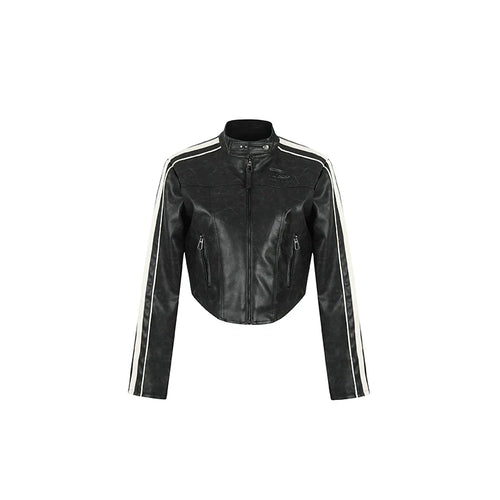 Achock Girls' Striped Leather Short Motorcycle Jacket