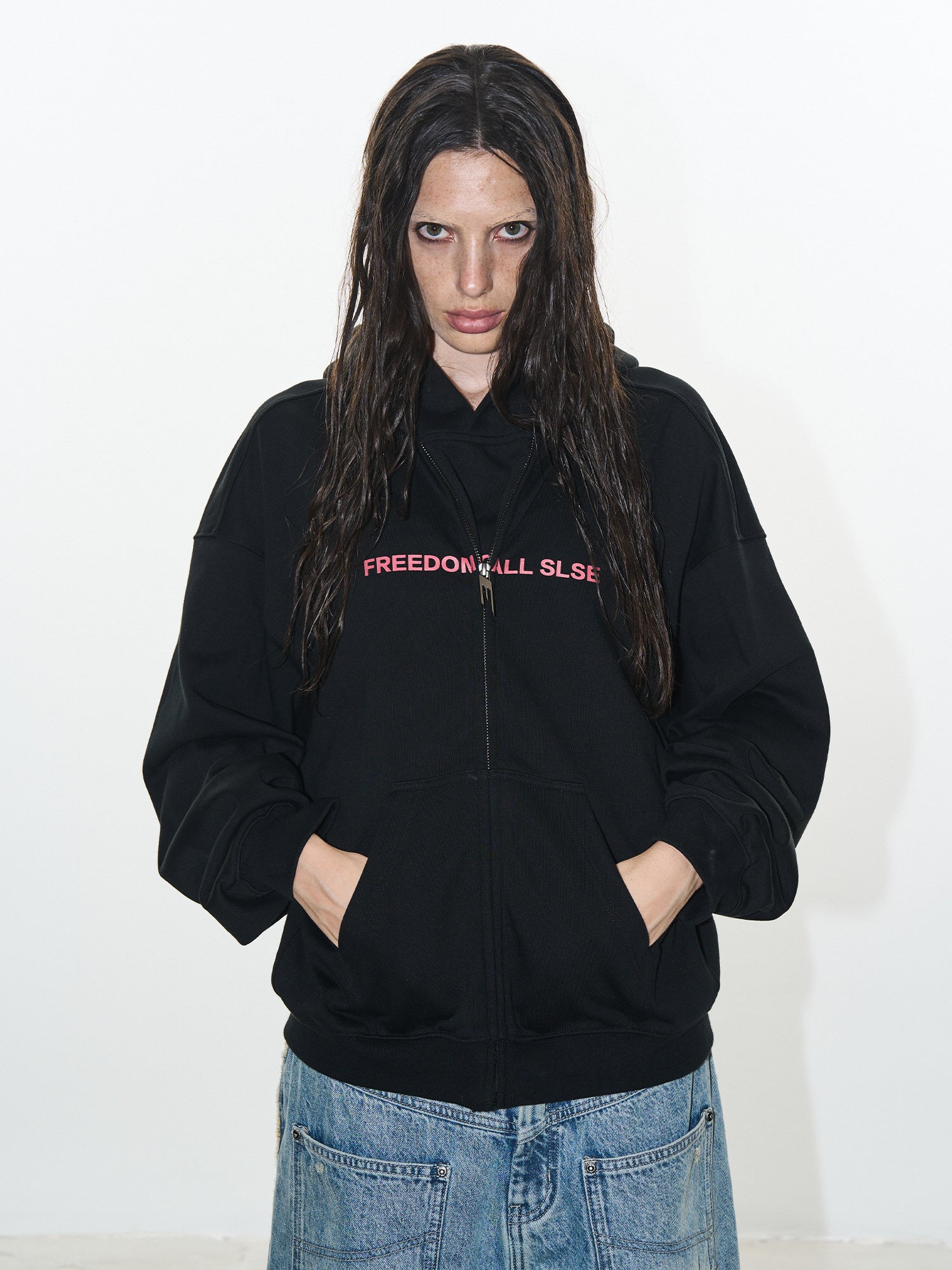 BLIND NO PLAN Double-Layer Patchwork Zipper Printed Hoodie
