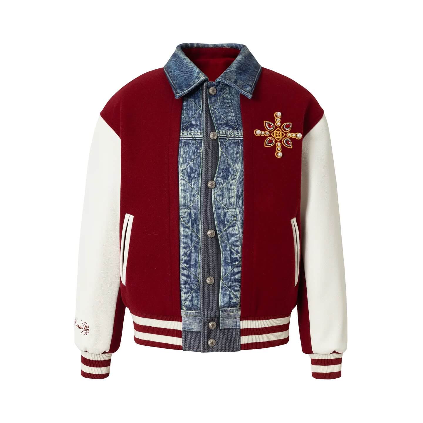 YADcrew Pearl Studded Digital Denim Varsity Jacket