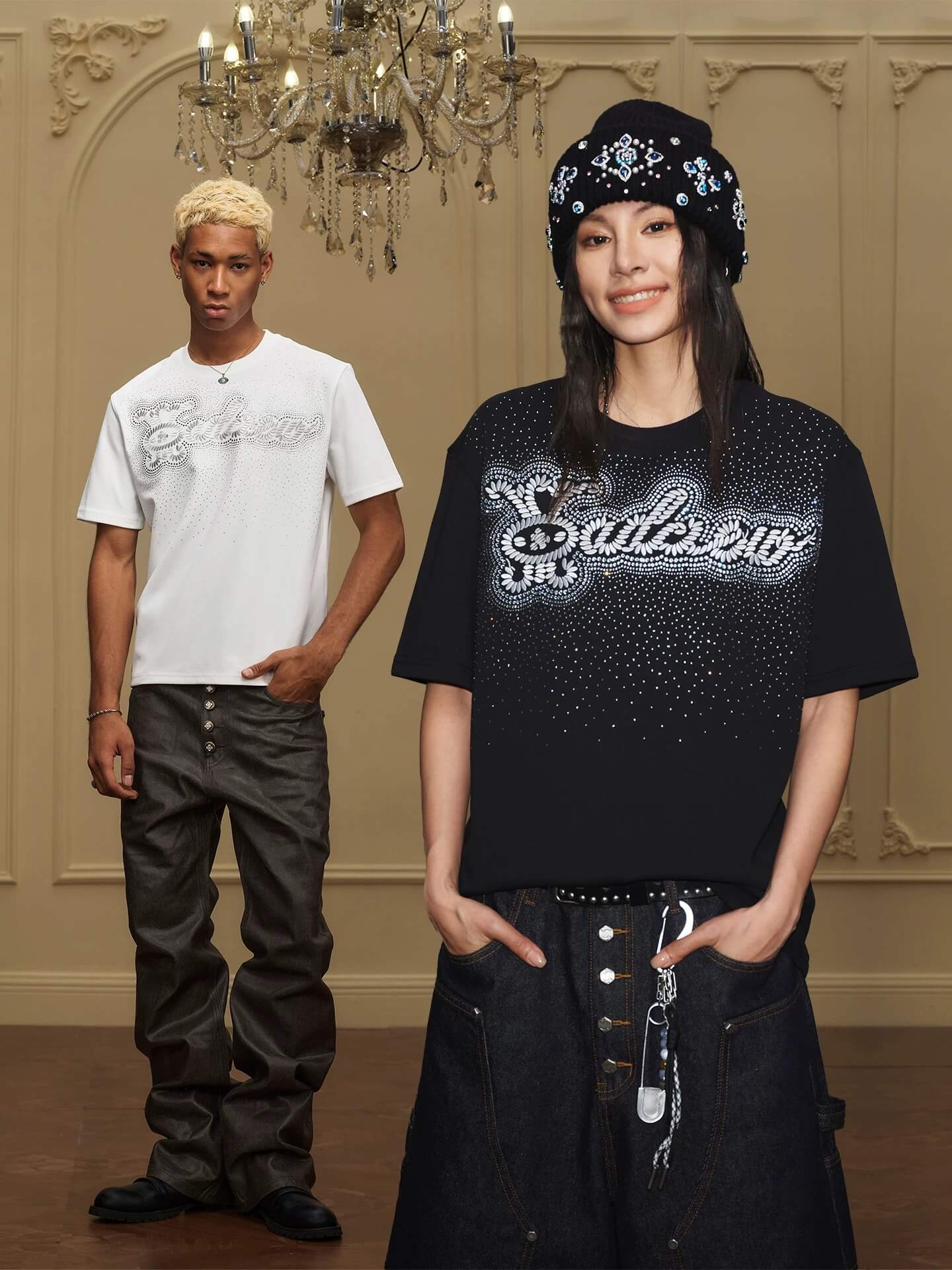 YADcrew Galaxy Rhinestone 3D Logo Embroidered Tee