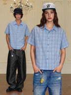 YADcrew All Over Rhinestone Plaid Short Sleeve Shirt