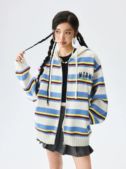 MEDM Colorful Stripes Zip-Up Knit Hoodie