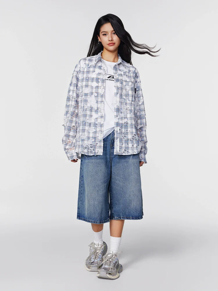 Achock Holes Lace Patches Plaid Long Sleeved Shirt