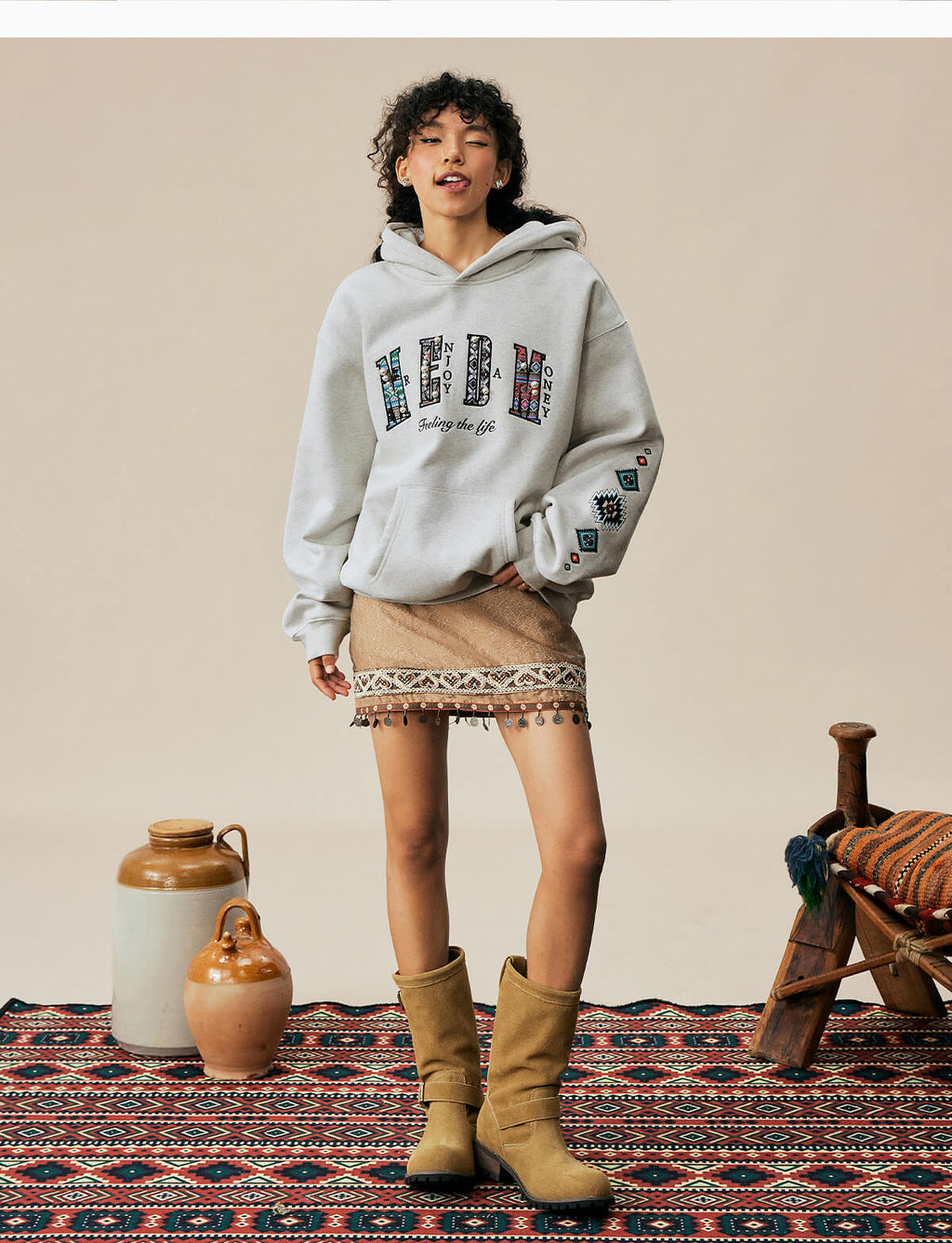 MEDM Ethnic Embroidered Patch Pearl Oversized Hoodie