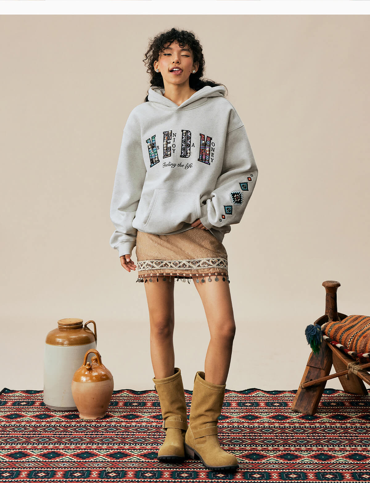 MEDM Ethnic Embroidered Patch Pearl Oversized Hoodie