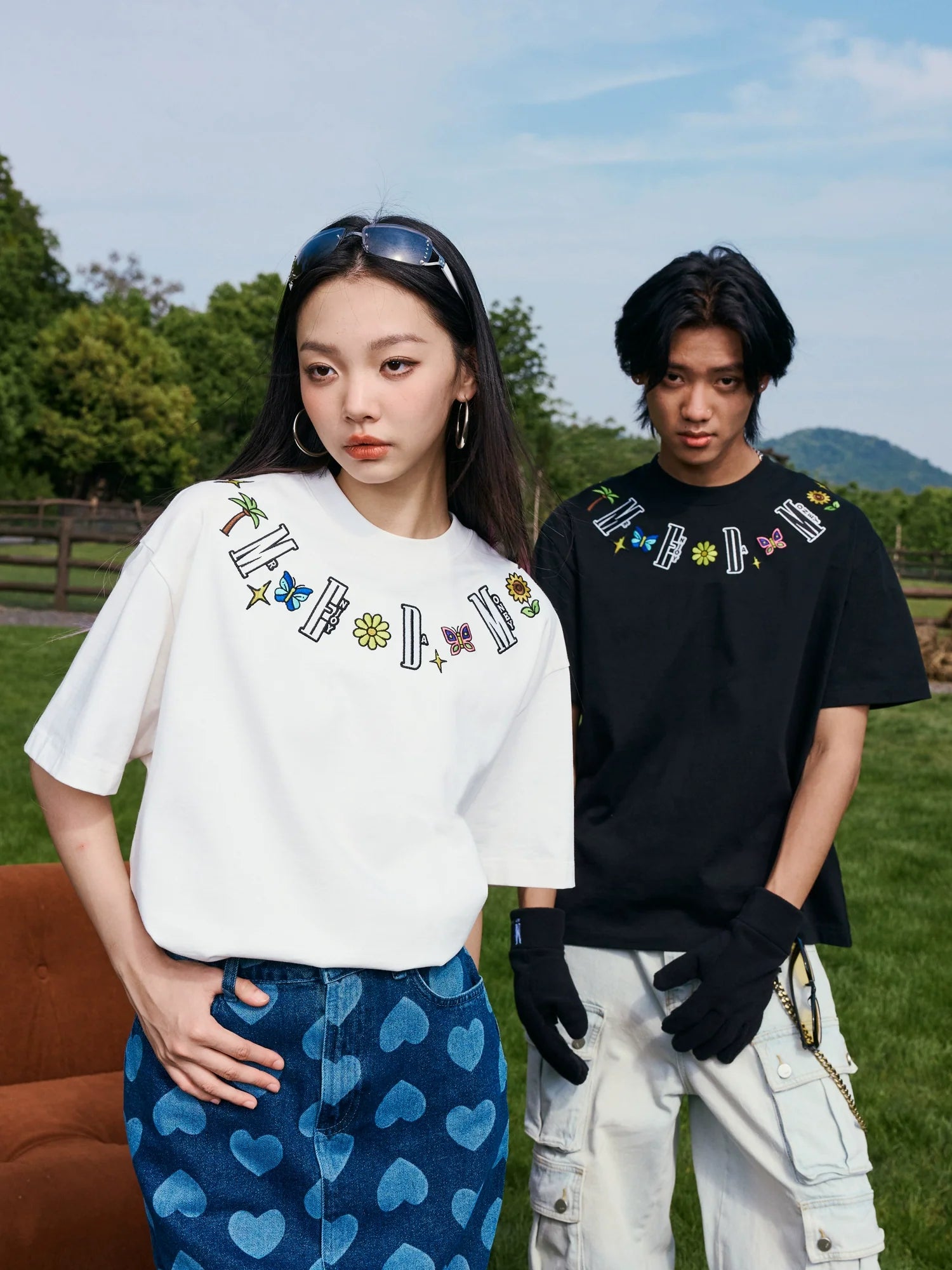 MEDM Butterfly Embroidered Neckline Tee