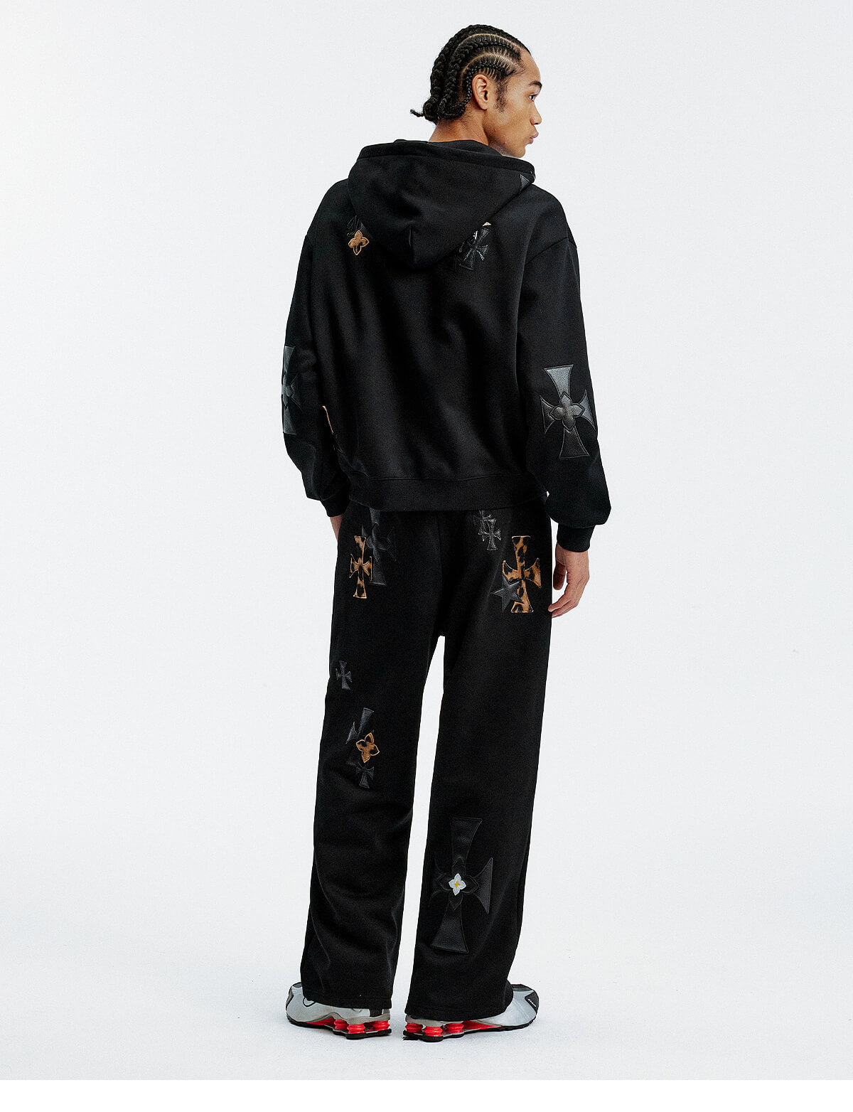 MEDM Cross Star Leather Patchwork Zip Up Hoodie