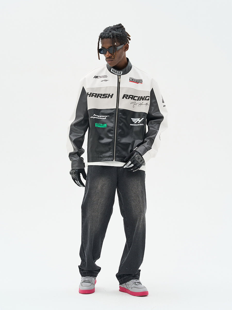 Harsh and Cruel Colorful Lapel F1 Racing Suit Faux Leather Jacket