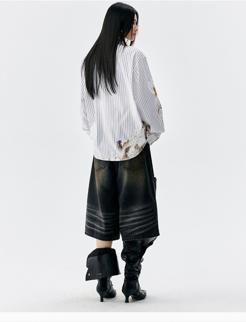 MEDM Lace Embroidered Striped Long Sleeve Shirt