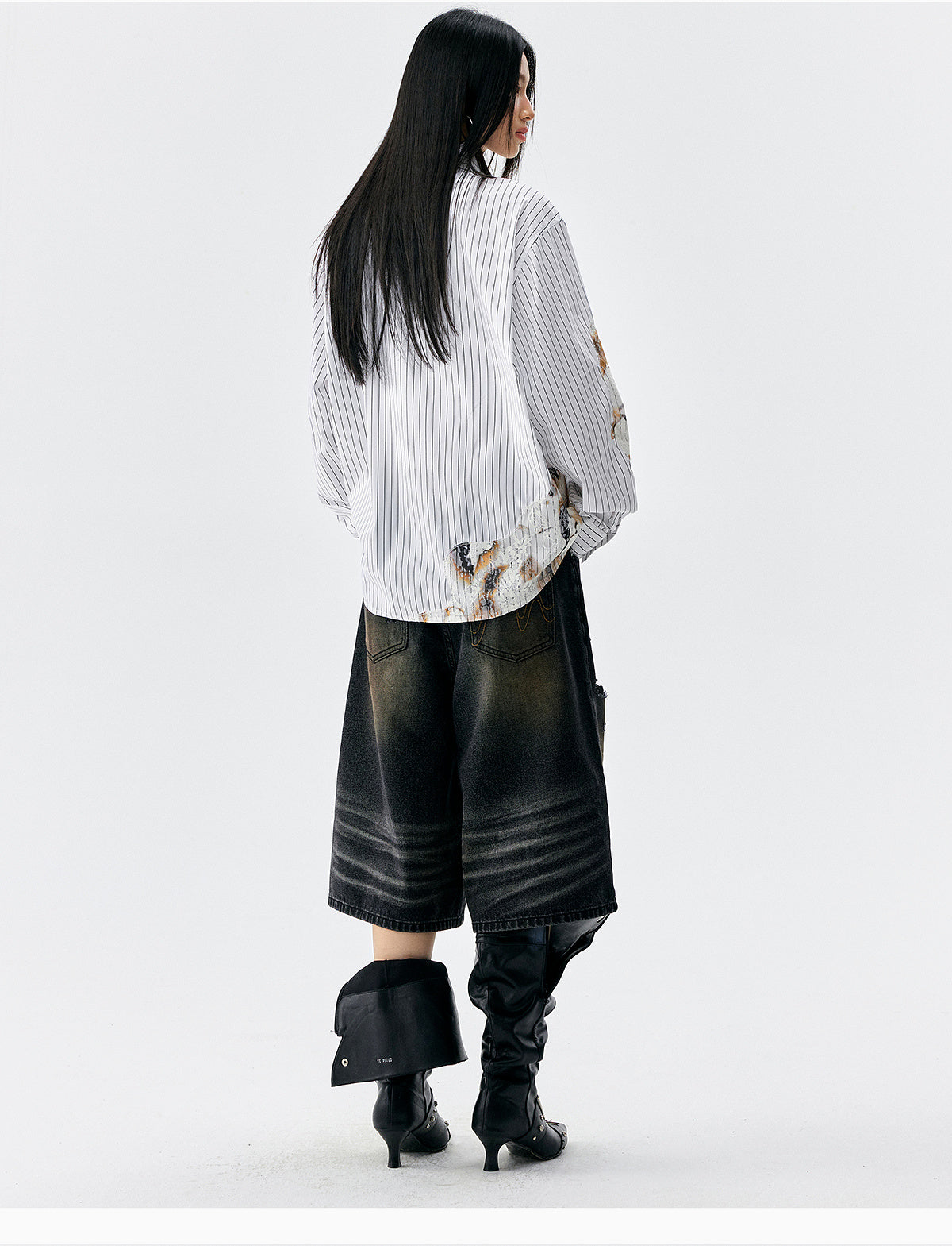 MEDM Lace Embroidered Striped Long Sleeve Shirt