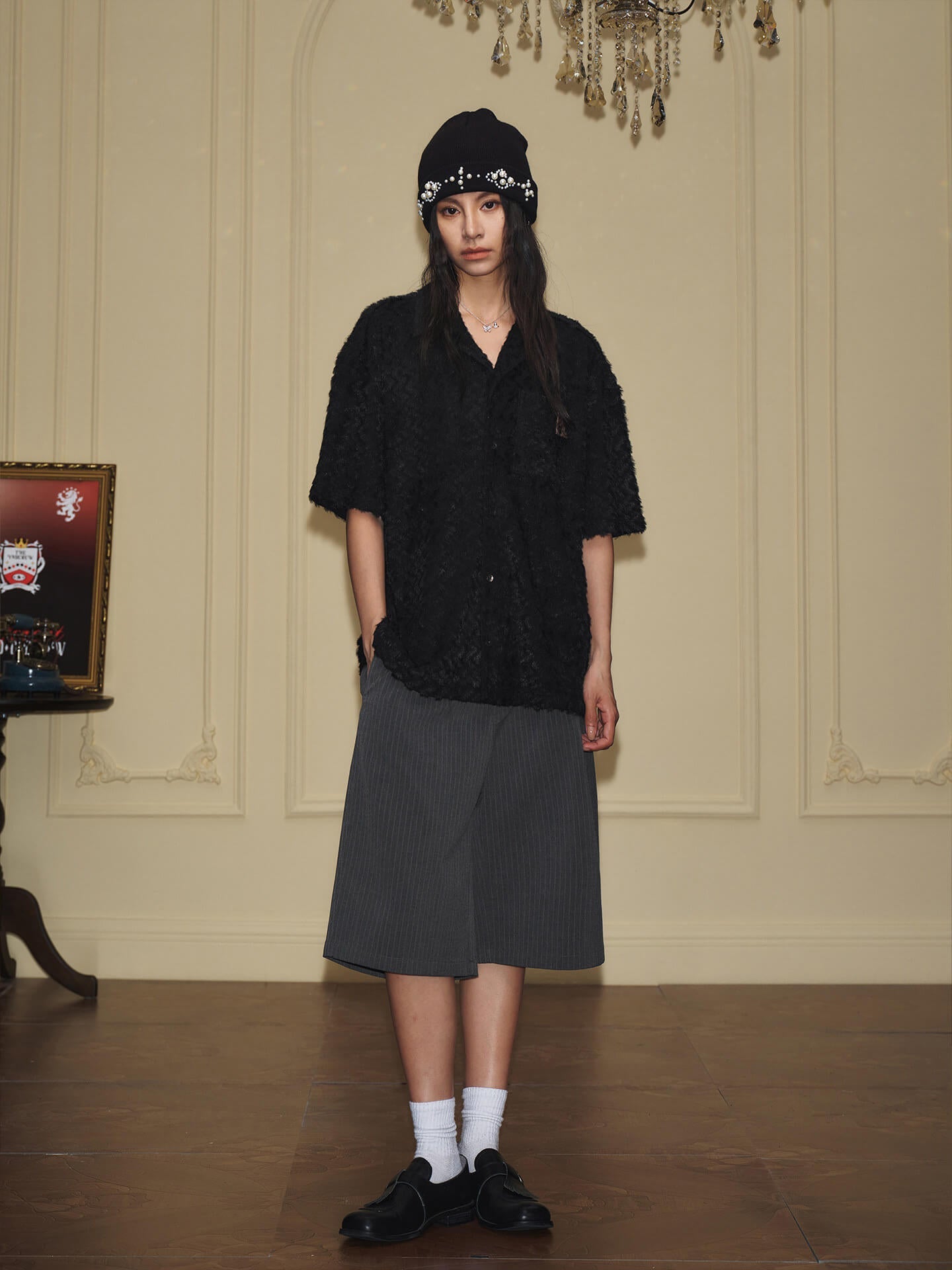 YADcrew Wavy Stripe Fuzzy Short Sleeve Shirt