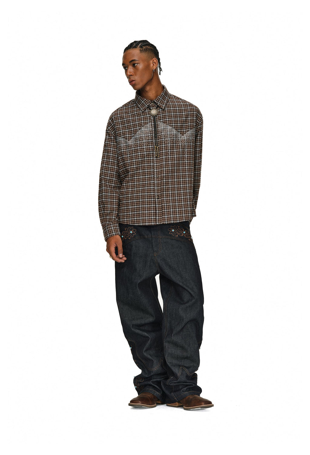 ANTIDOTE Rhinestone Flannel Plaid Long Sleeve Shirt