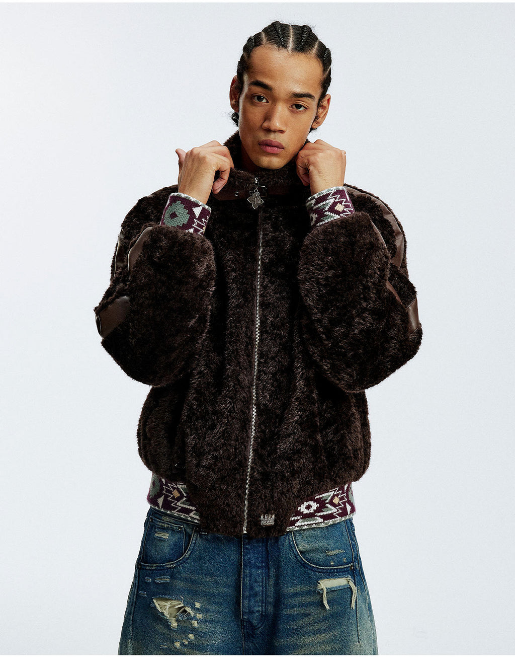 MEDM Ethnic Trim Belted Sherpa Jacket