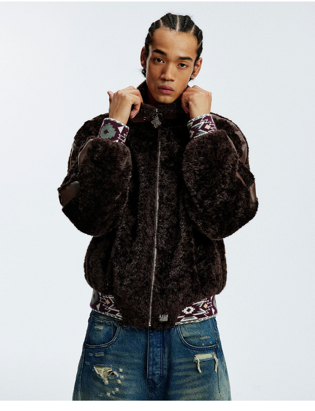 MEDM Ethnic Trim Belted Sherpa Jacket