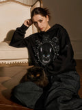 YADcrew Black Cat Print Pearl Hoodie