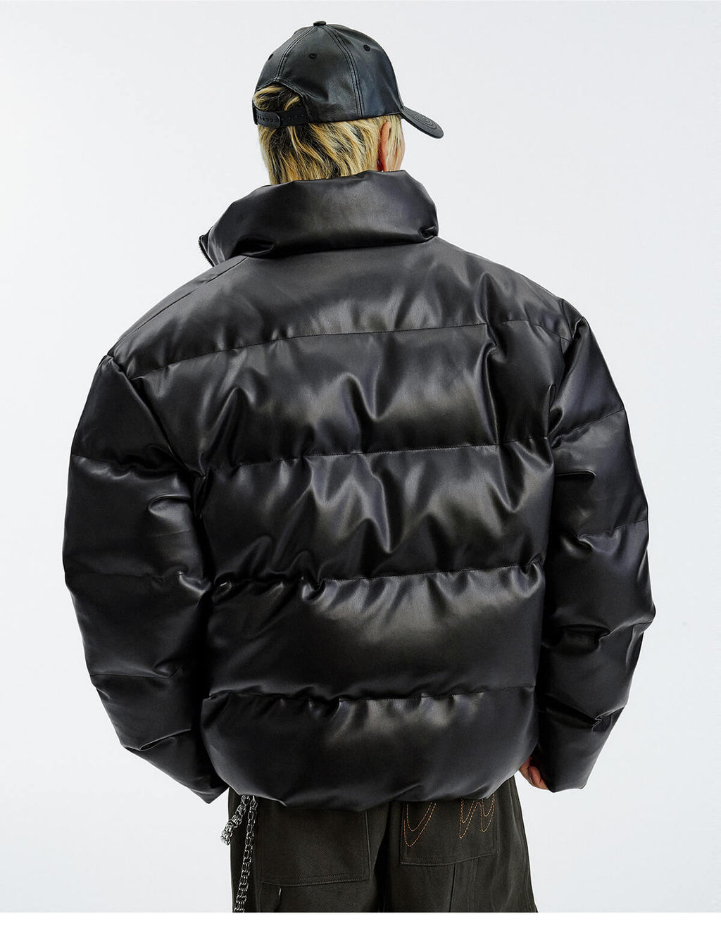 MEDM Leopard Patch PU Leather Puffer Jacket