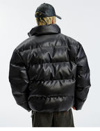 MEDM Leopard Patch PU Leather Puffer Jacket