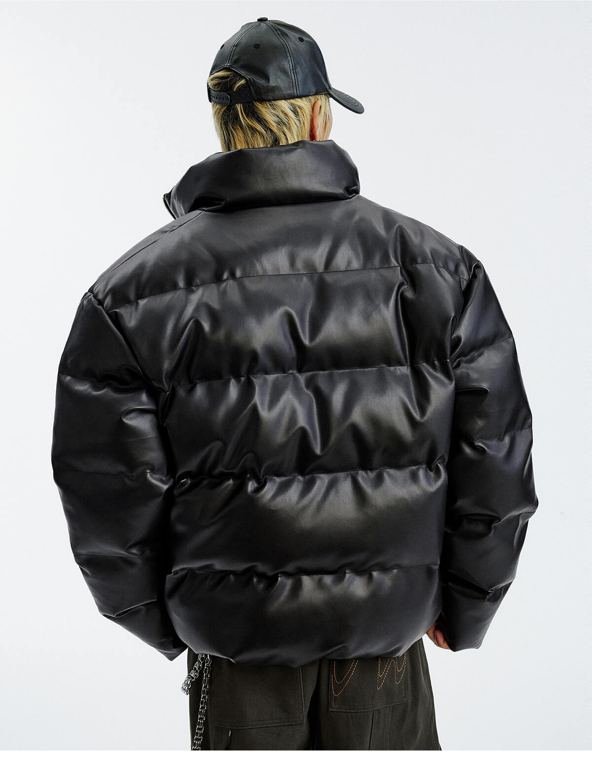 MEDM Leopard Patch PU Leather Puffer Jacket