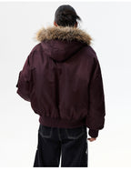 MEDM Silicone Logo Patch Fur Hooded Bomber Jacket