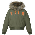MEDM Animal Logo Patch Fur Hooded Bomber Jacket