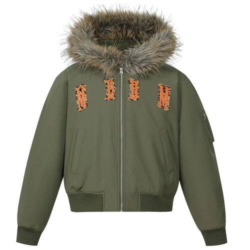 MEDM Animal Logo Patch Fur Hooded Bomber Jacket
