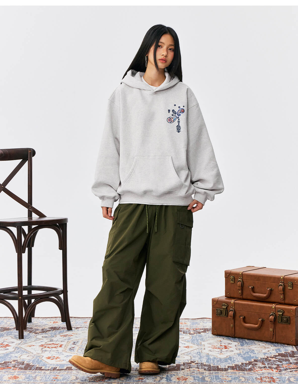MEDM Ethnic Paisley Flower Embroidered Hoodie
