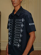 YADcrew Braid Embroidered Striped Seersucker Short Sleeve Shirt