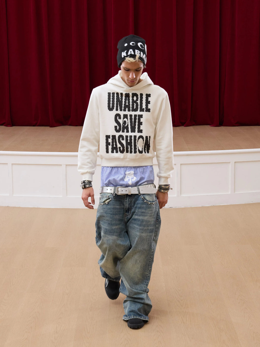 KARMANISTIC Rhinestone Embellished Slogan Print Hoodie