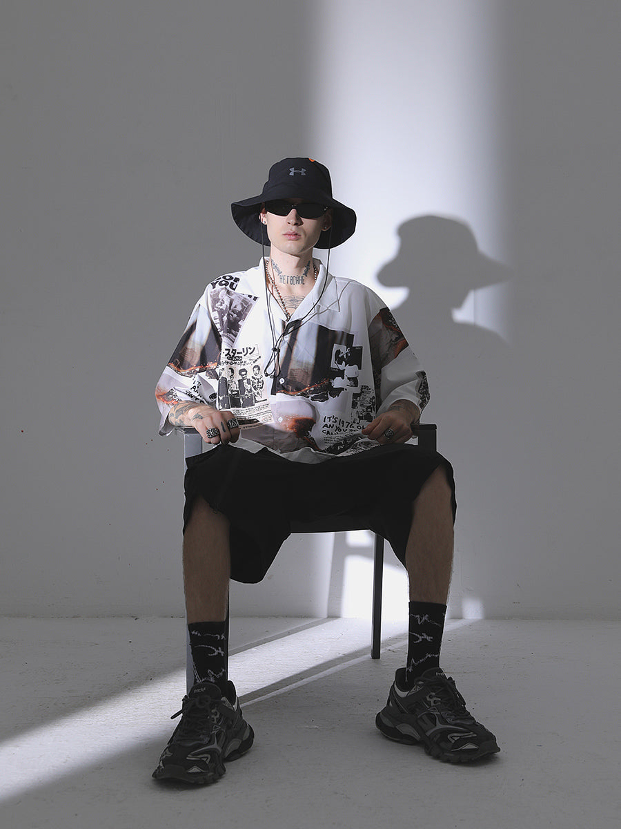 Harsh and Cruel Vintage Newspaper Print Cuban Shirt