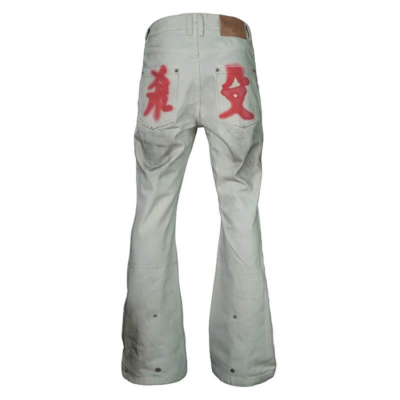 TGFCLUB Kill Graffiti Distressed White Flared Jeans