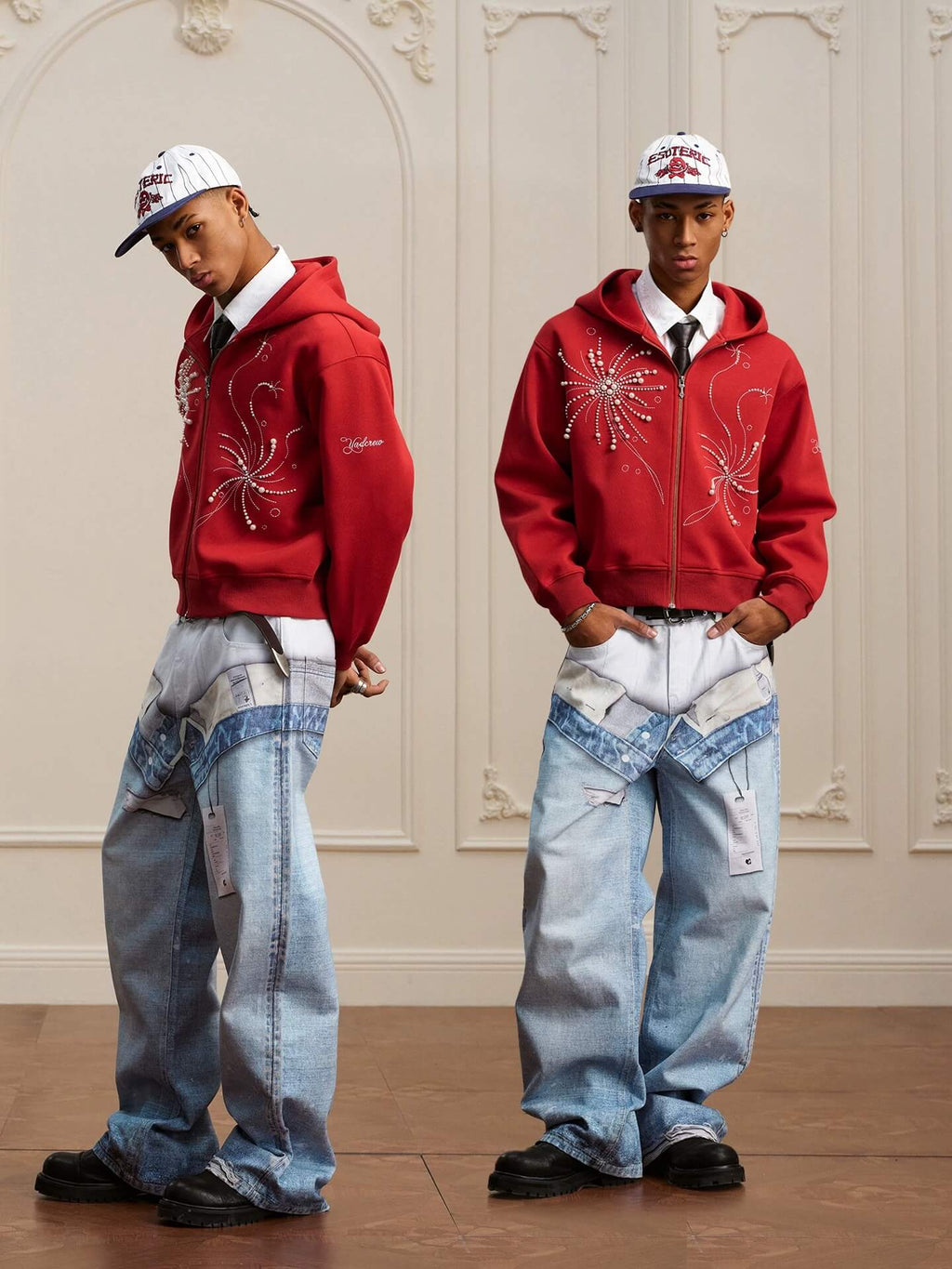 YADcrew 3D Digital Print Double Waist Washed Jeans