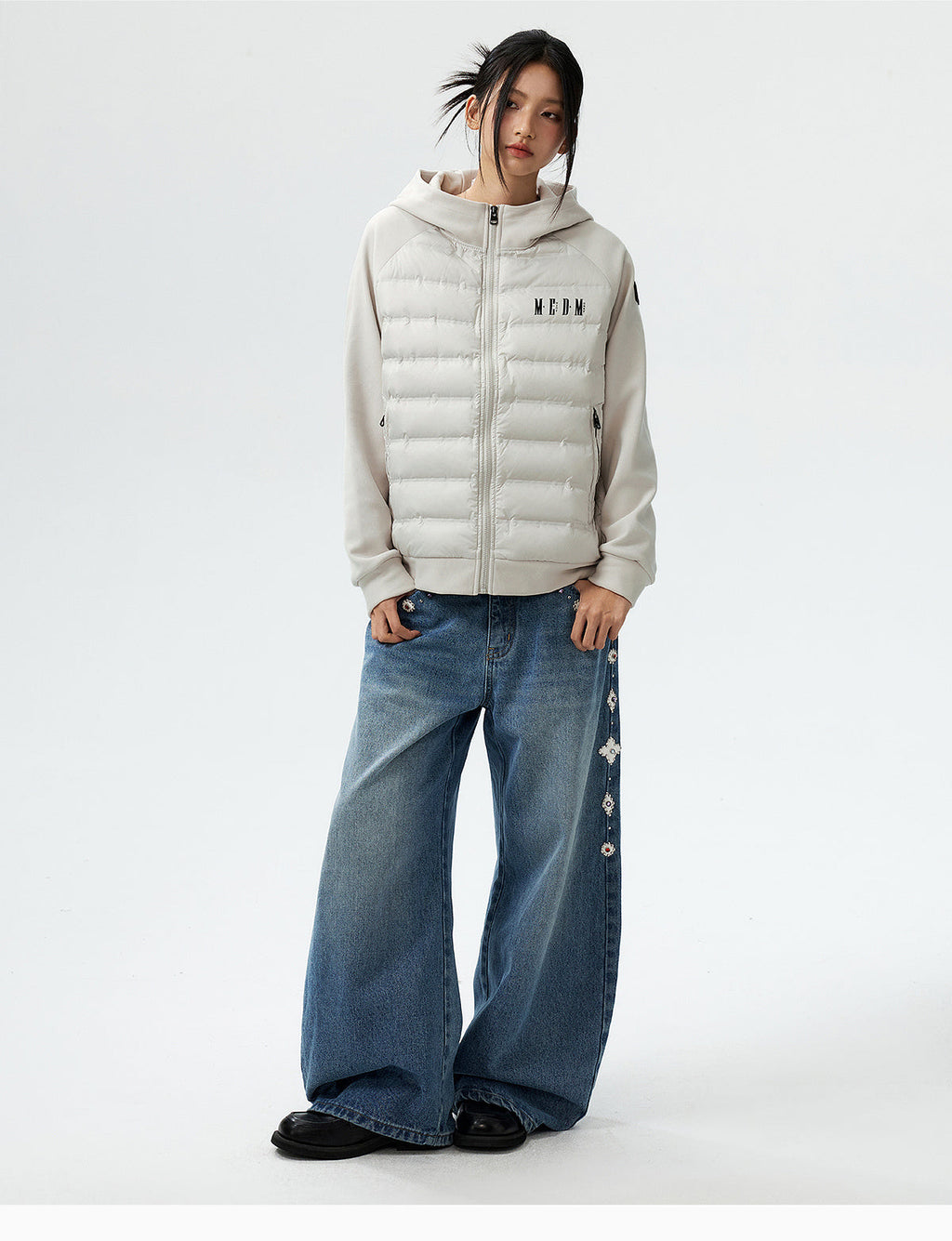 MEDM Patchwork Raglan Sleeve Lightweight Hooded Down Jacket