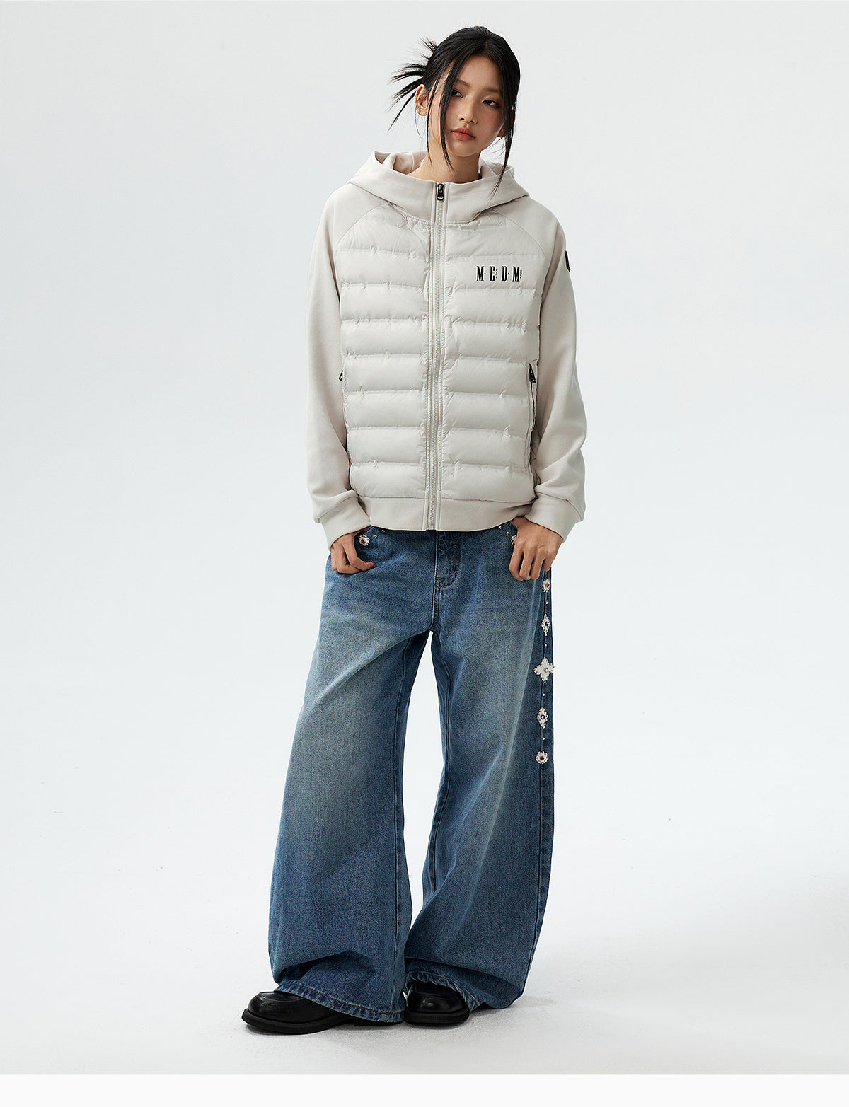 MEDM Patchwork Raglan Sleeve Lightweight Hooded Down Jacket
