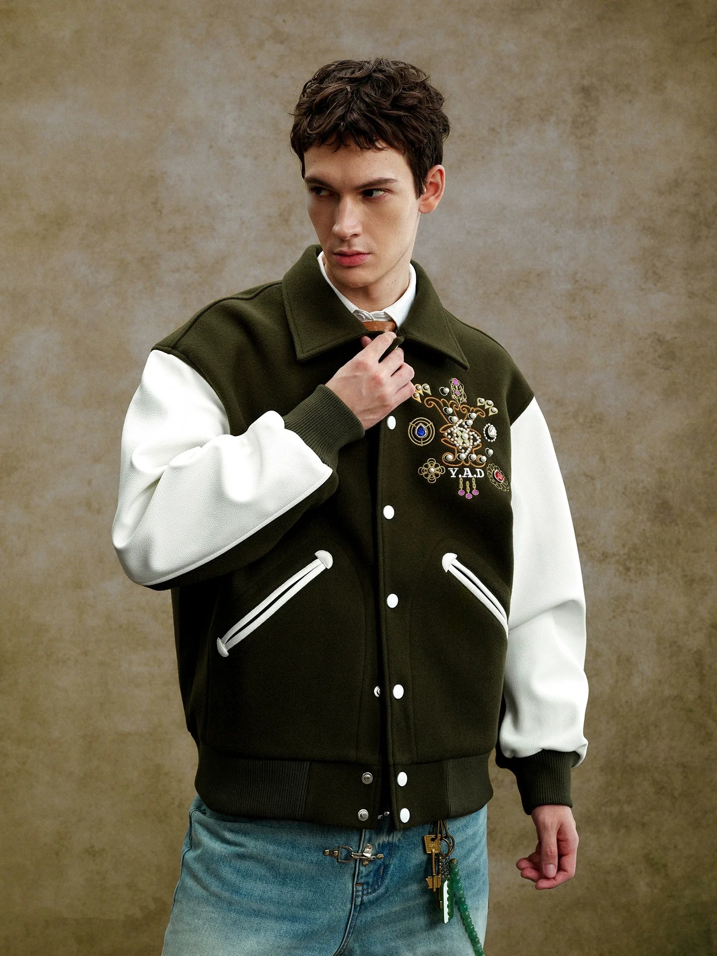 YADcrew Colorful Gemstone Cross Varsity Jacket