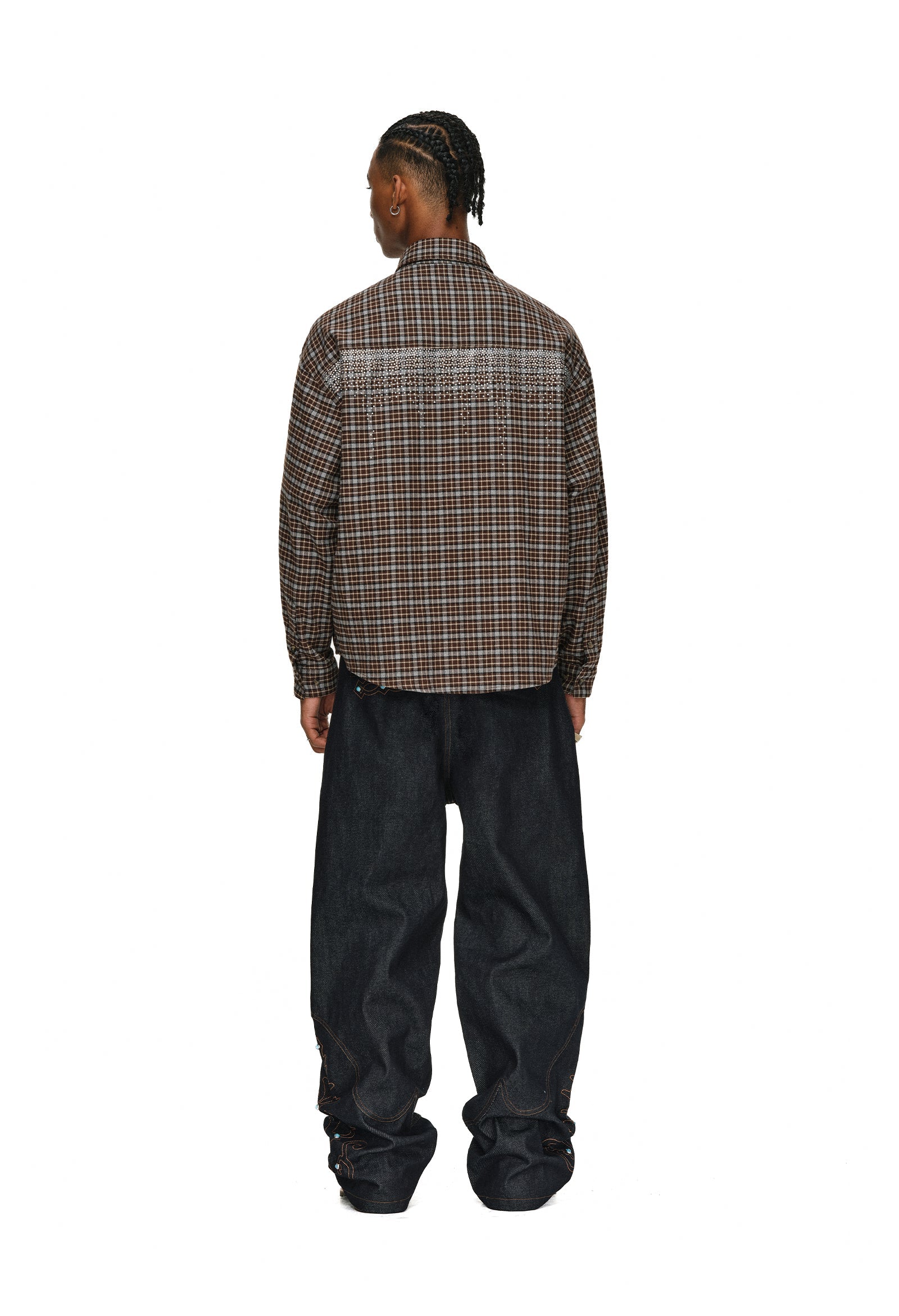 ANTIDOTE Rhinestone Flannel Plaid Long Sleeve Shirt