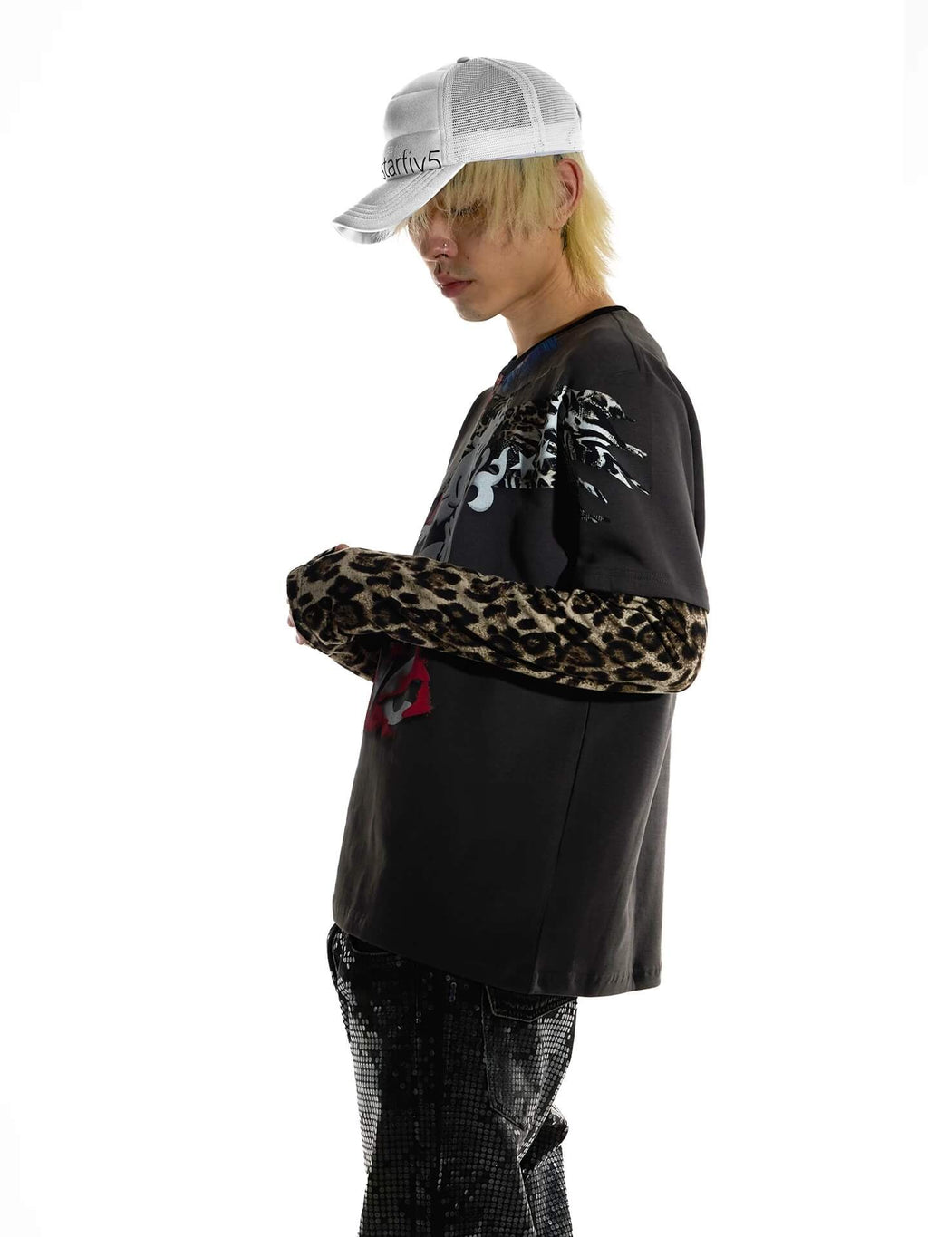 Night Lab Lion Graphic Layered Leopard Sleeve Tee