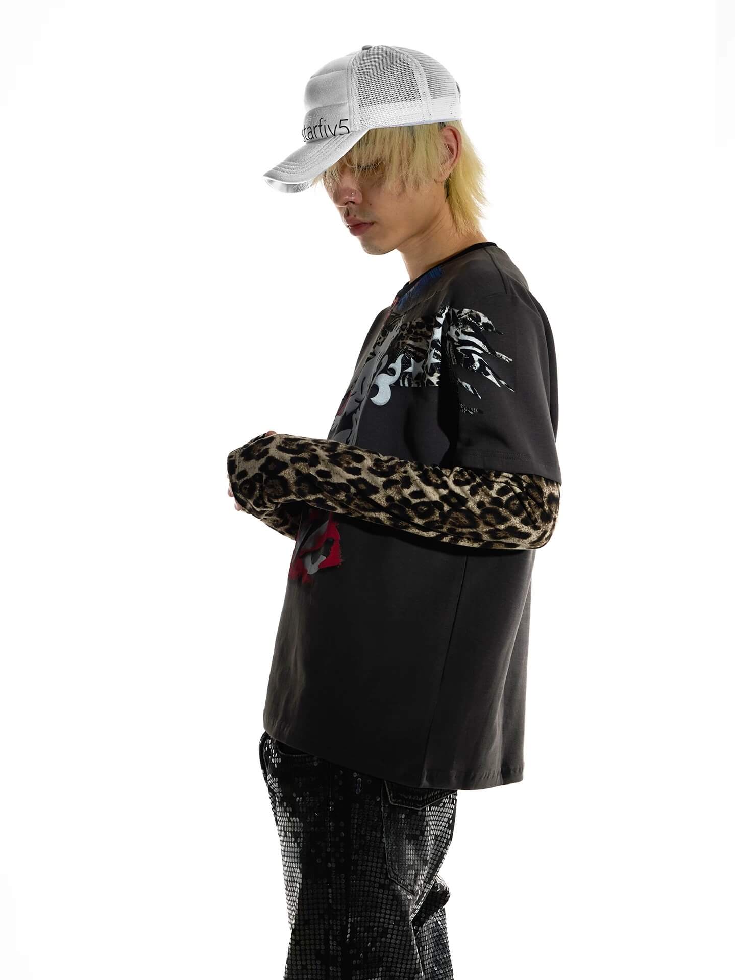 Night Lab Lion Graphic Layered Leopard Sleeve Tee