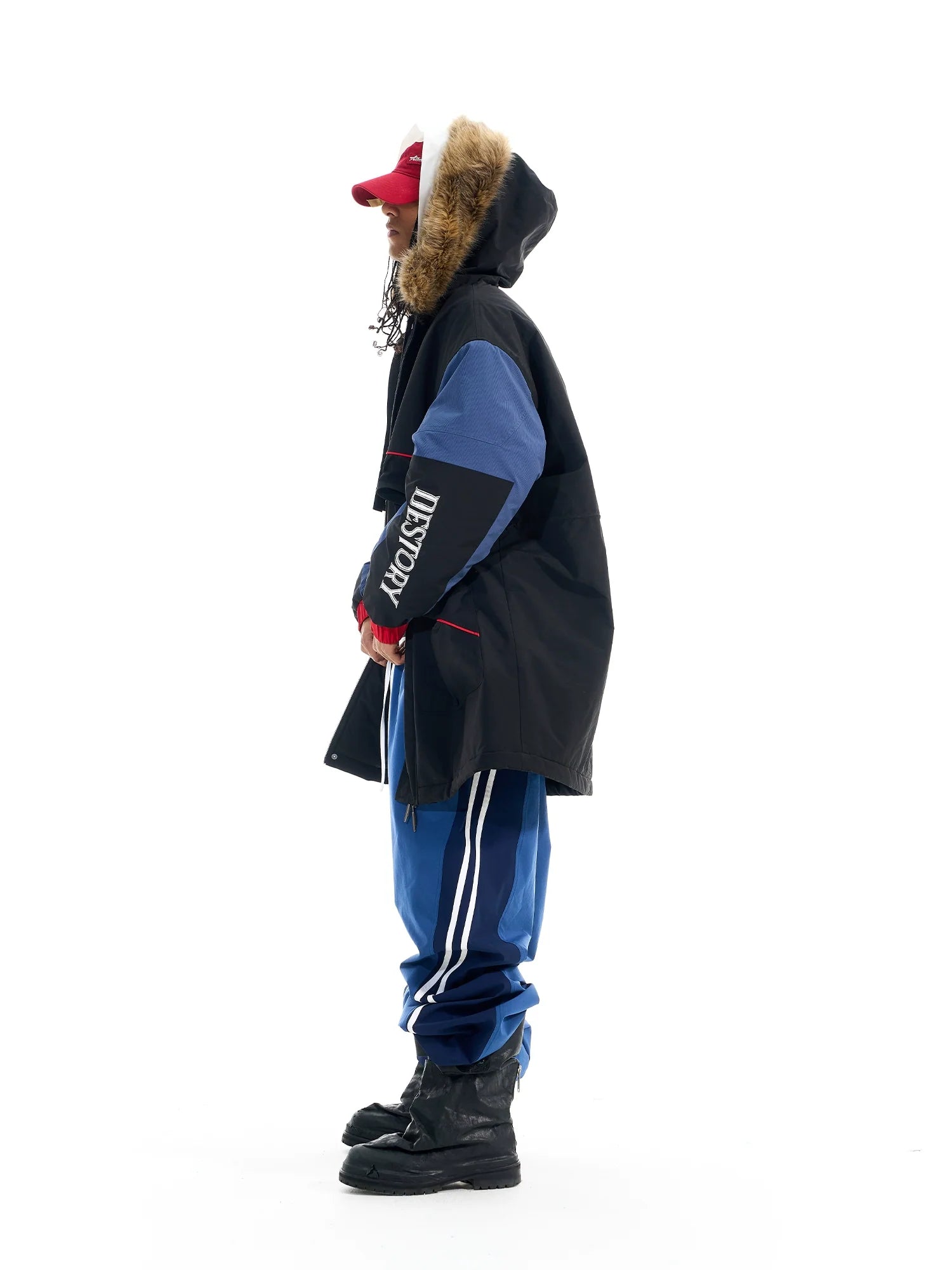 BLIND NO PLAN Color Block Fur Collar Coat