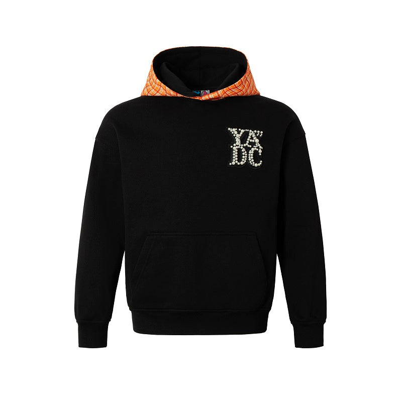 YADcrew Twisted Plaid Hood Pearl Leather Logo Hoodie