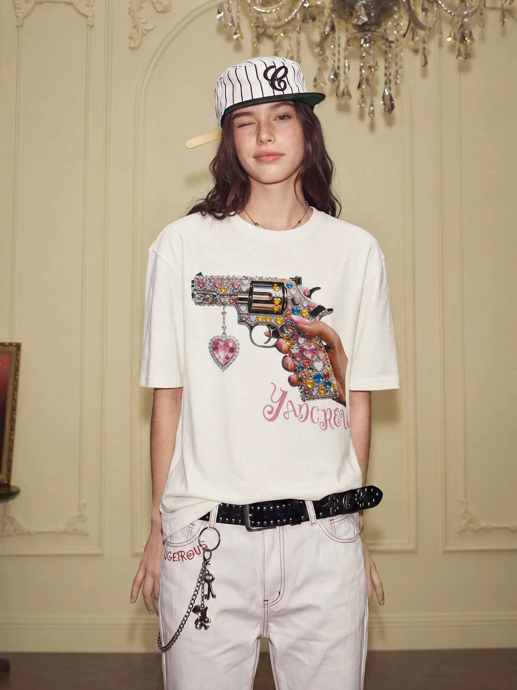 YADcrew Rhinestone Revolver Digital Print Tee