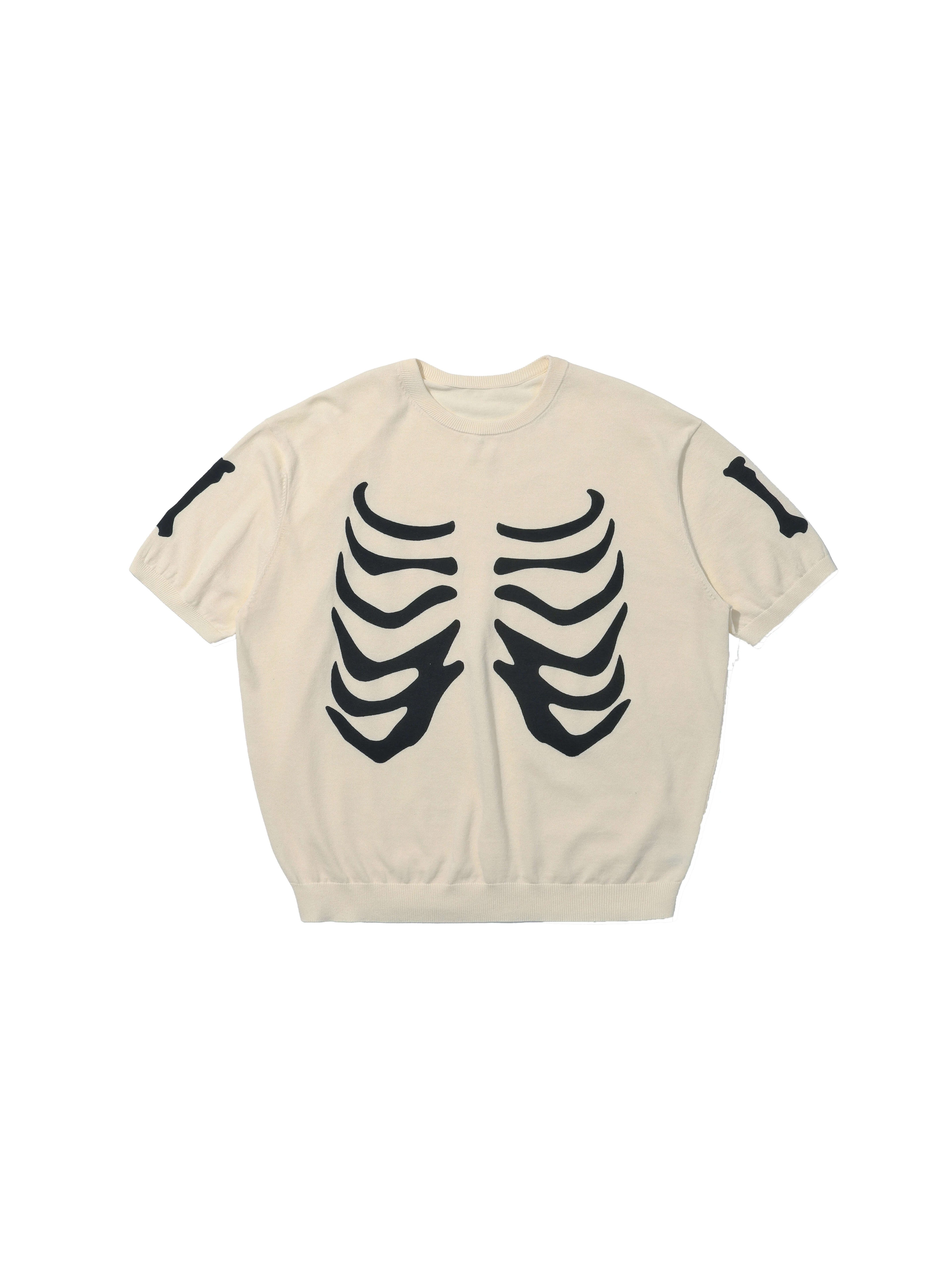 LIBERAFIT Skeleton Print Knit Ribbed Trim Short Sleeve Tee