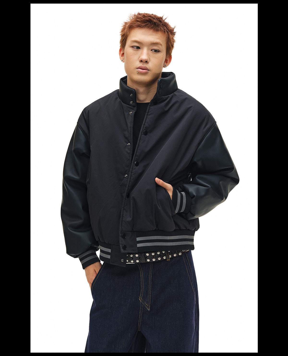 NOVACAM PU Leather Sleeve Puffer Varsity Jacket