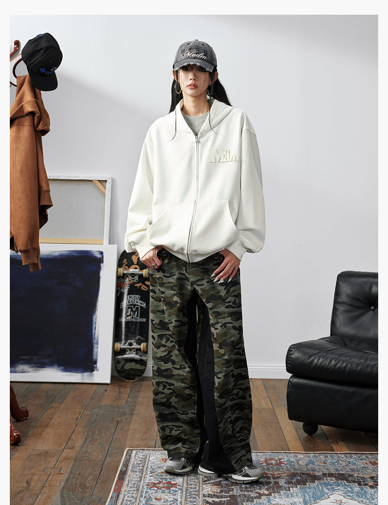 MEDM Suede Logo Patch Zip-Up Hoodie